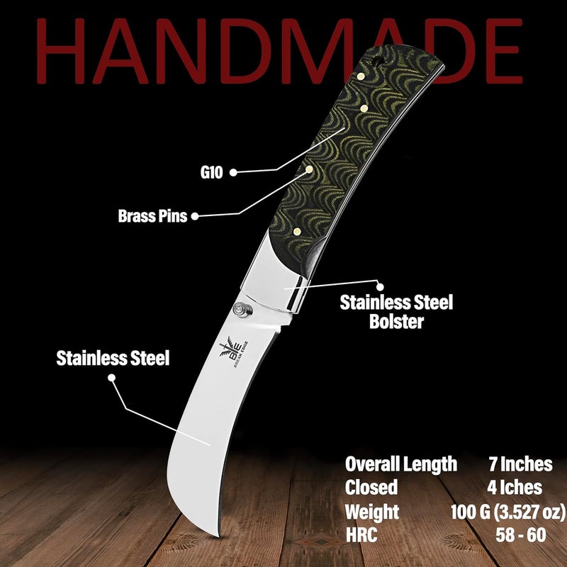 BE BREAK EDGE Hawkbill,Folding Pocket Knife with Curved Steel Blade, Lineman Tools,Black&Green G10 Handle. - Image 2